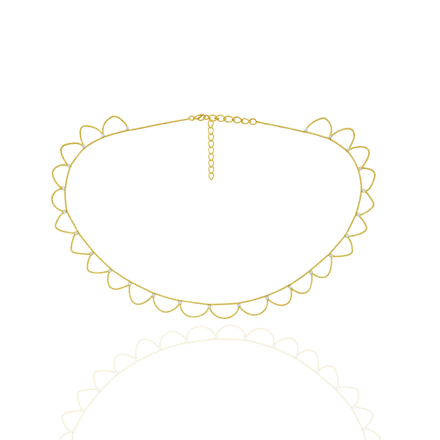 Chunky 18K gold filled boho belly chain with large scalloped loop design, laid flat with extender chain, on white background.