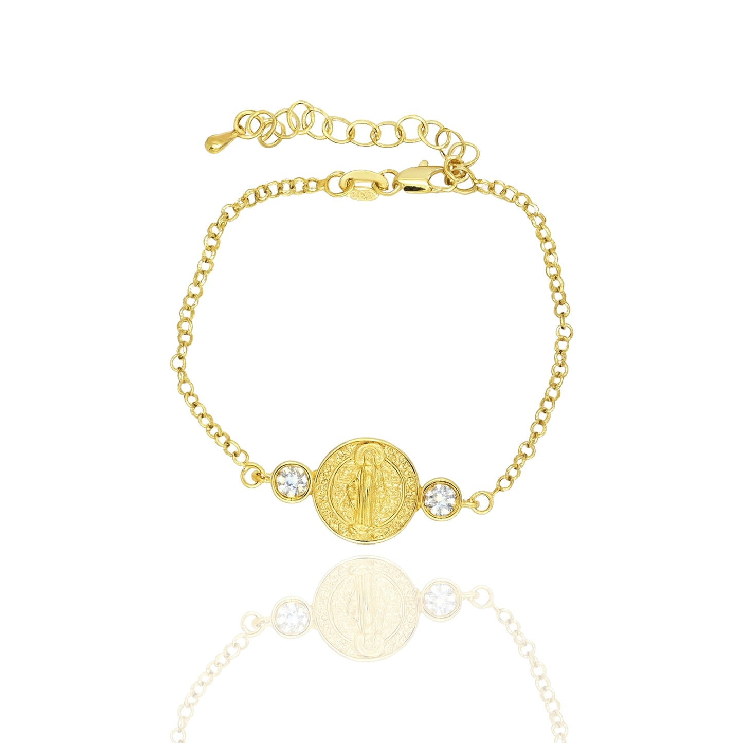 18K gold filled Saint Benedict medallion bracelet featuring a round religious charm centered between two sparkling cubic zirconia stones on a delicate adjustable chain, displayed on a white reflective background.