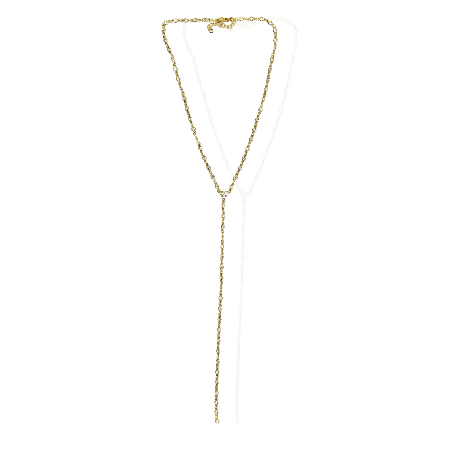 18k gold-filled Y-shaped lariat necklace with sparkling round bezel-set cubic zirconia stones, featuring an adjustable chain and delicate drop design, displayed on a white background.