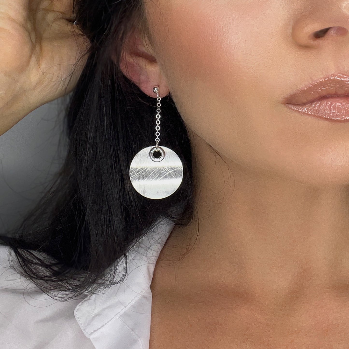 Circle Disc Earrings on a Dainty Chain Drop in Sterling Silver