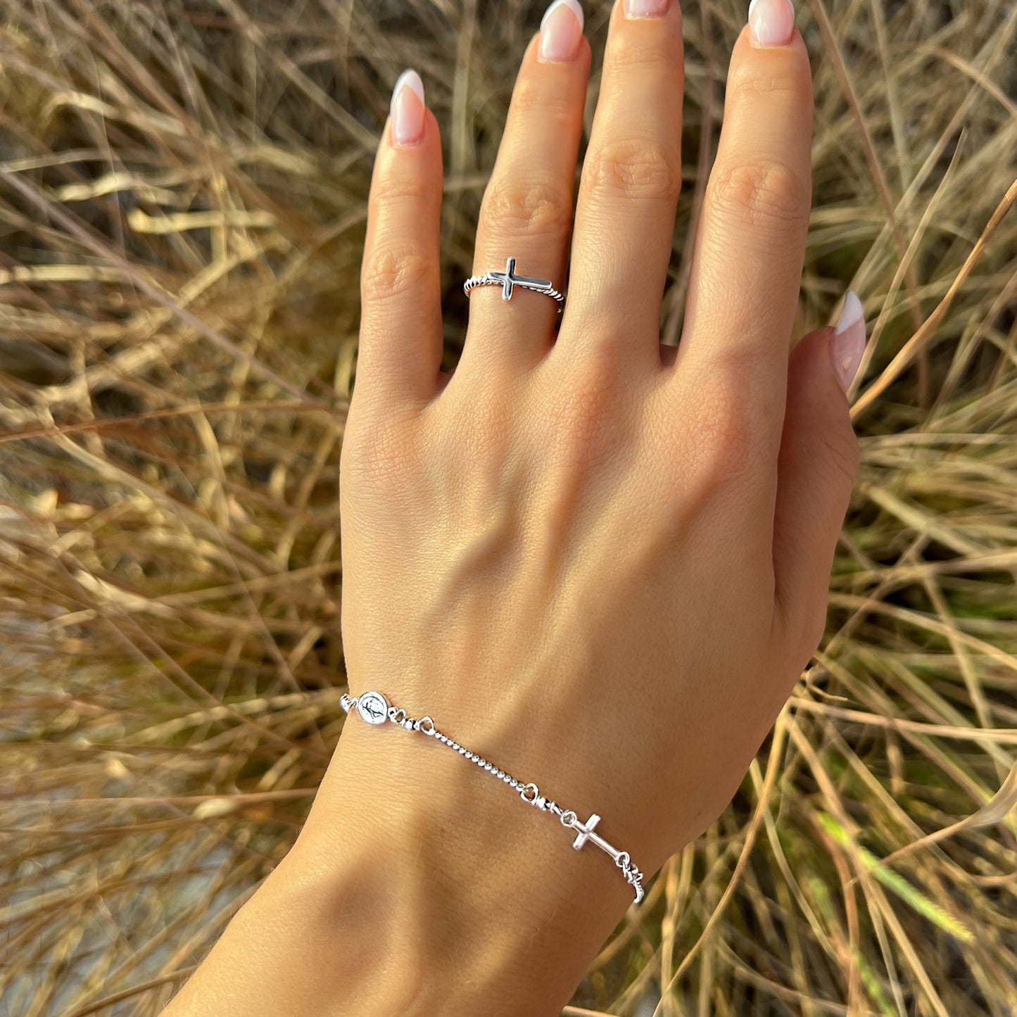 Virgin Mary Bracelet and Sideways Cross Ring Jewelry Set
