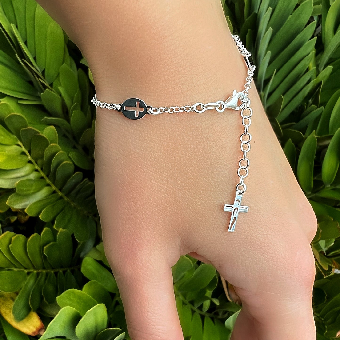 Religious Chain Link Bracelet with Dangle Cross Charm and Cut Out Padre Nostro Design