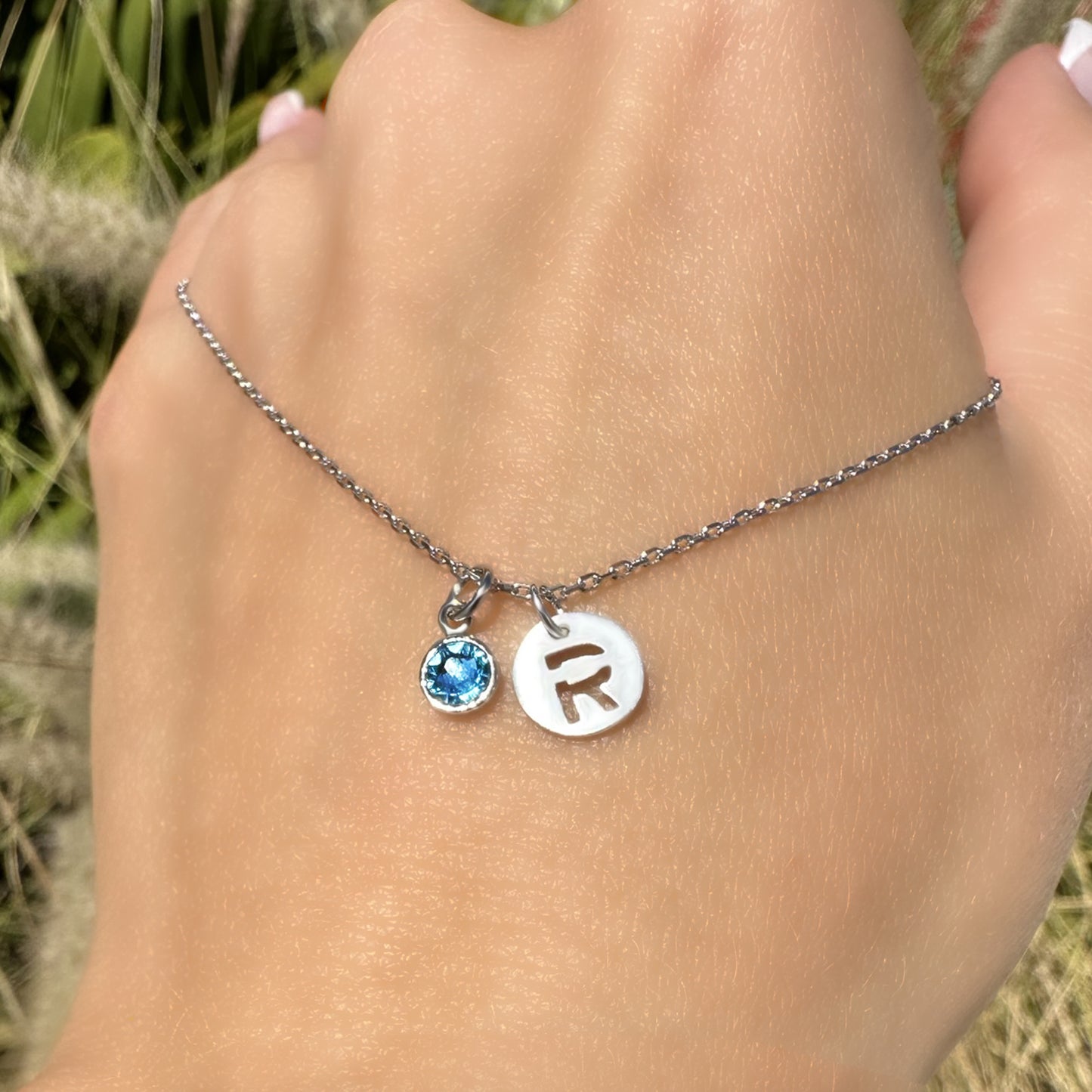 Solitaire Birthstone Necklace with Round Initial Charm in Sterling Silver