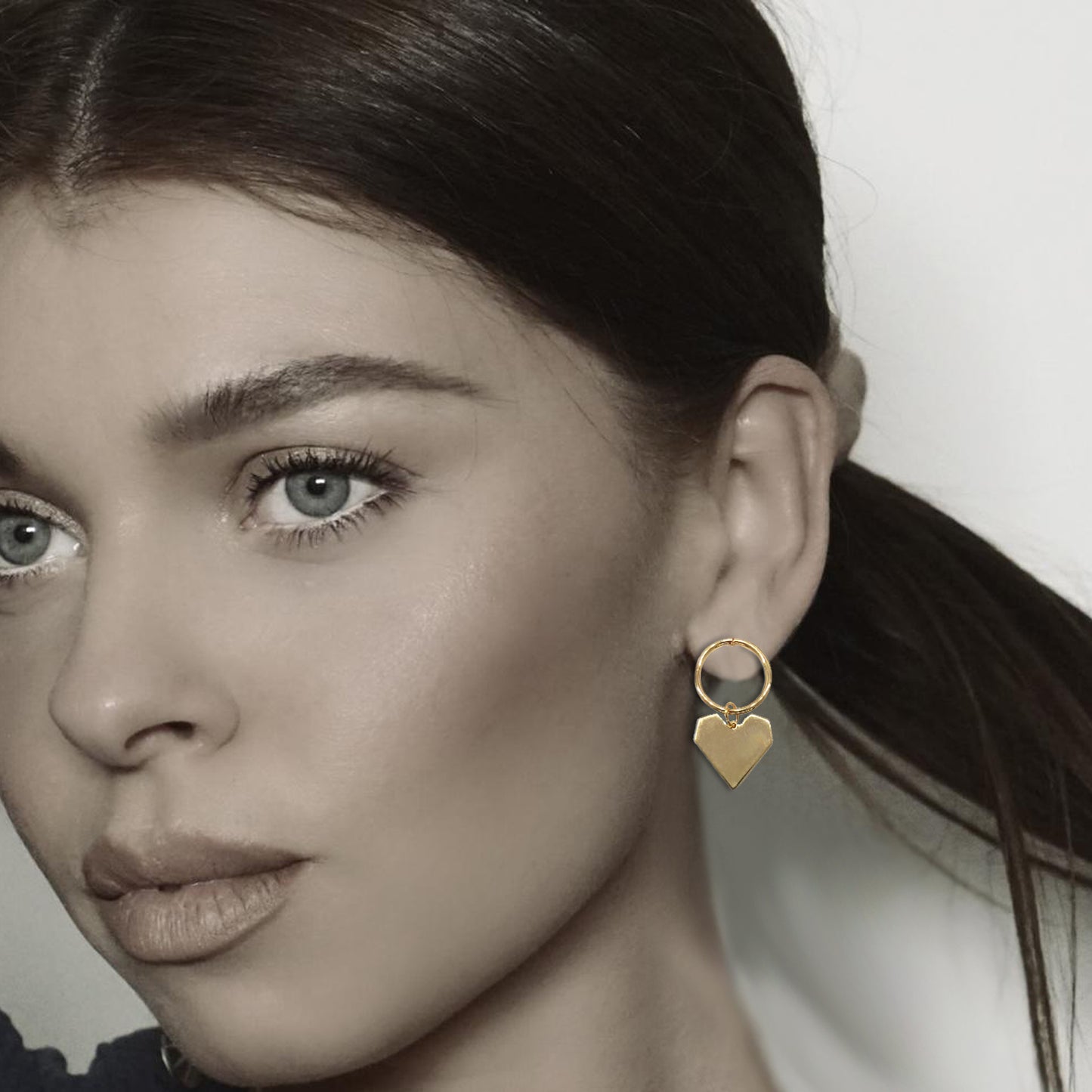 Gold Heart Drop Stud Earrings with Paperclip Chain and Round Circle Mismatched Design