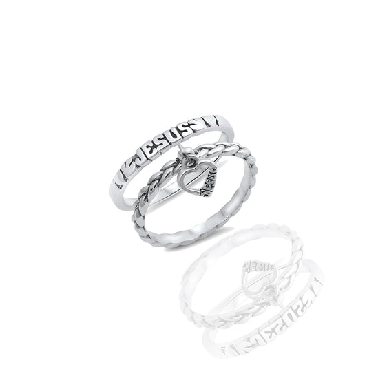 Christian Ring Set of Sacred Heart of Jesus Dangle Charm Ring and In the Name of Jesus Catholic Band Ring