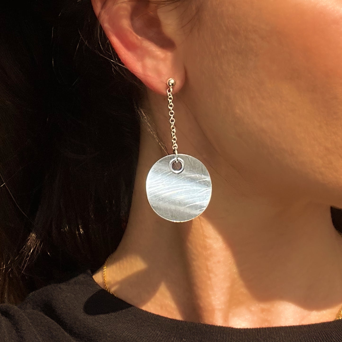 Circle Disc Earrings on a Dainty Chain Drop in Sterling Silver