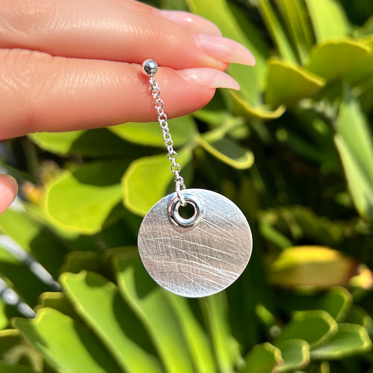 Circle Disc Earrings on a Dainty Chain Drop in Sterling Silver