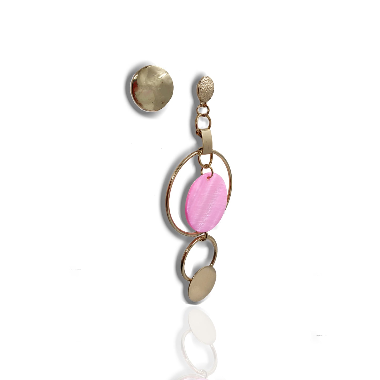 Multi Hoop Mismatched Stud Earrings with Round Pink Shell Charm