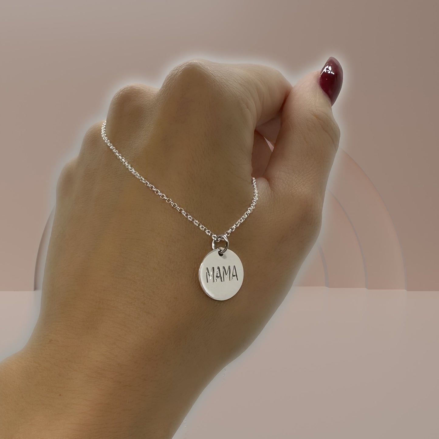 Mama Word Engraved Round Charm Necklace with Personalized Initial Charm