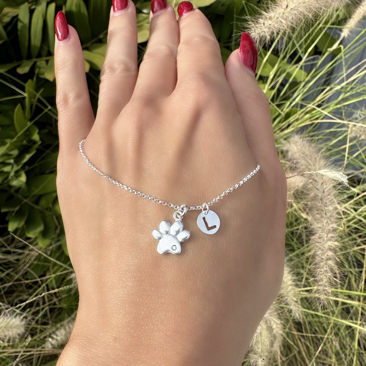 Sterling Silver Paw Print Necklace with Personalized Initial Disc