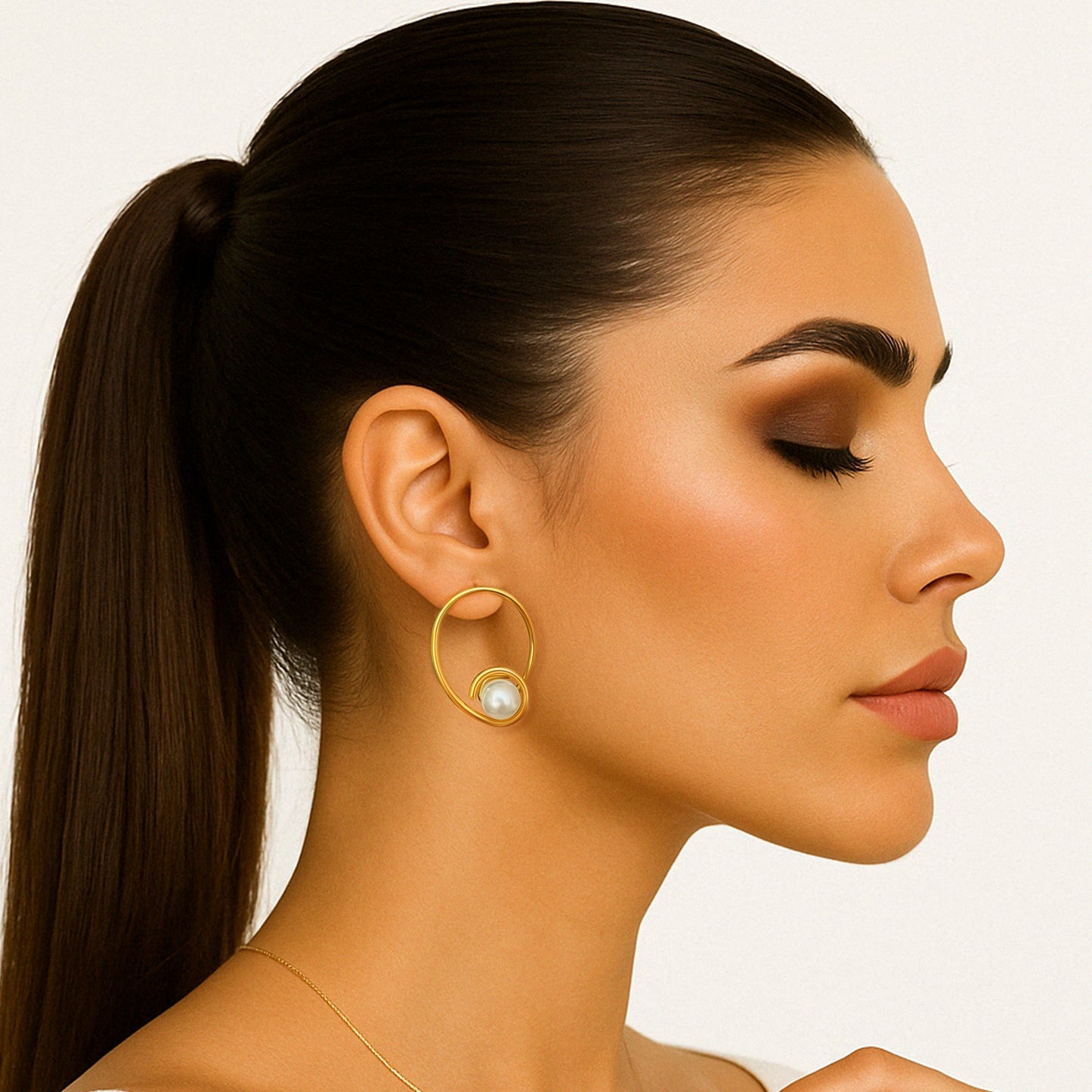Gold Hoop Earrings with White Pearl