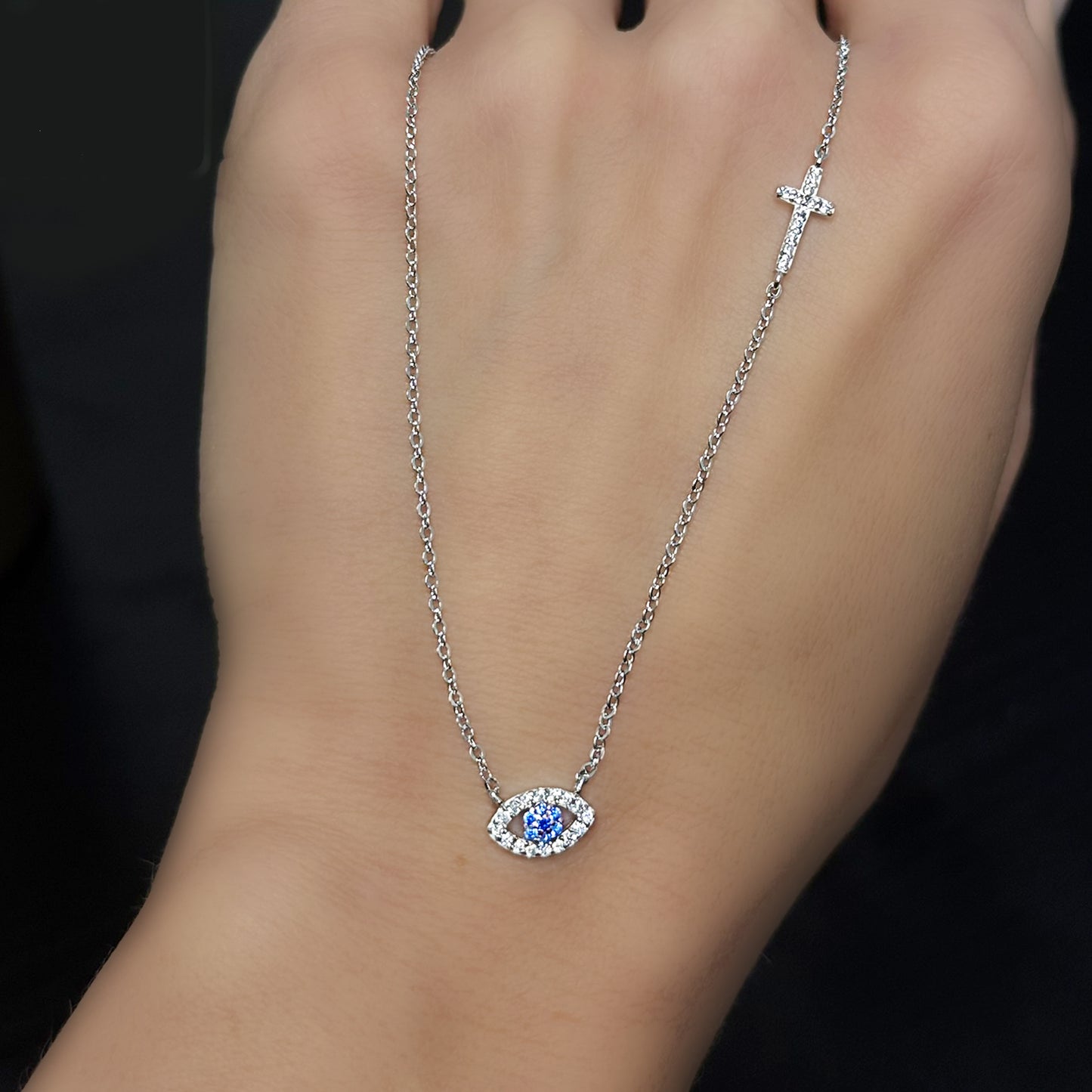 Evil Eye and Sideways Cross Necklace in Sterling Silver