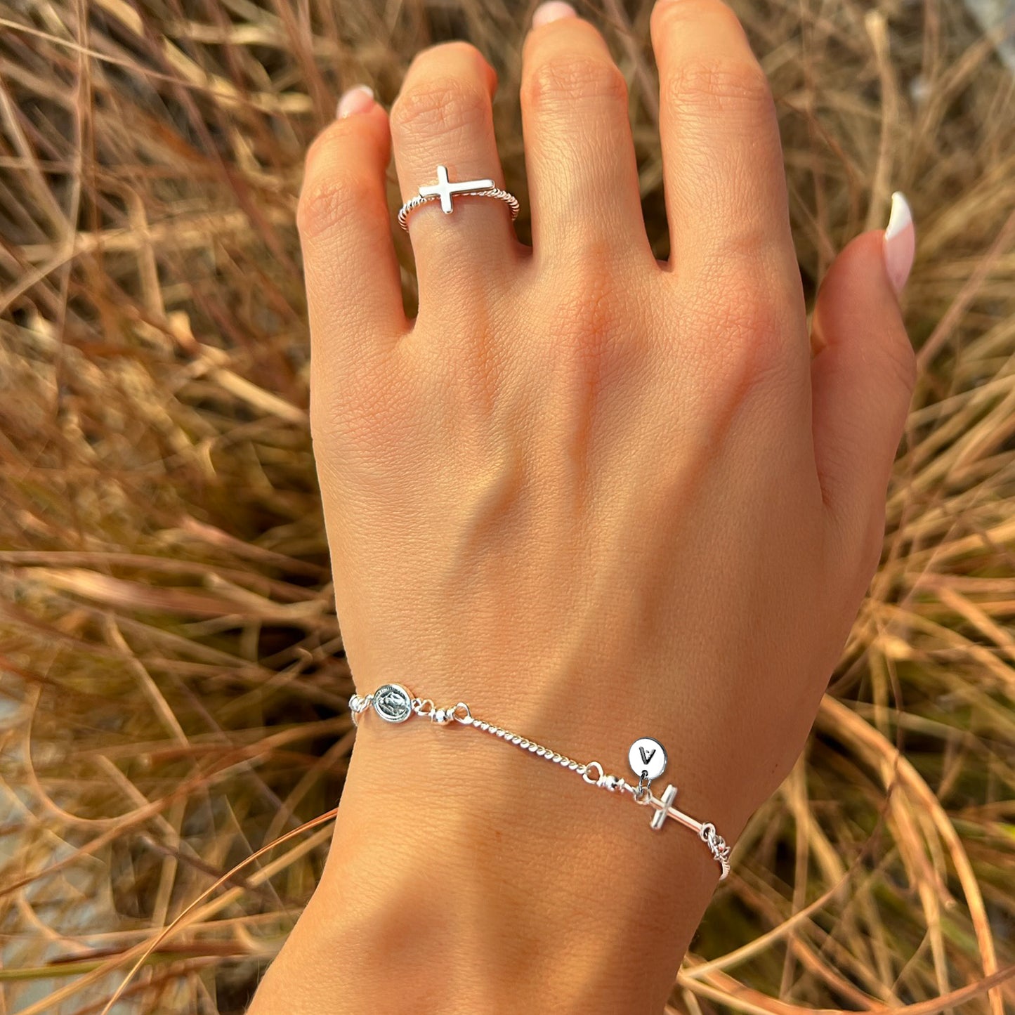 Virgin Mary Bracelet and Sideways Cross Ring Jewelry Set