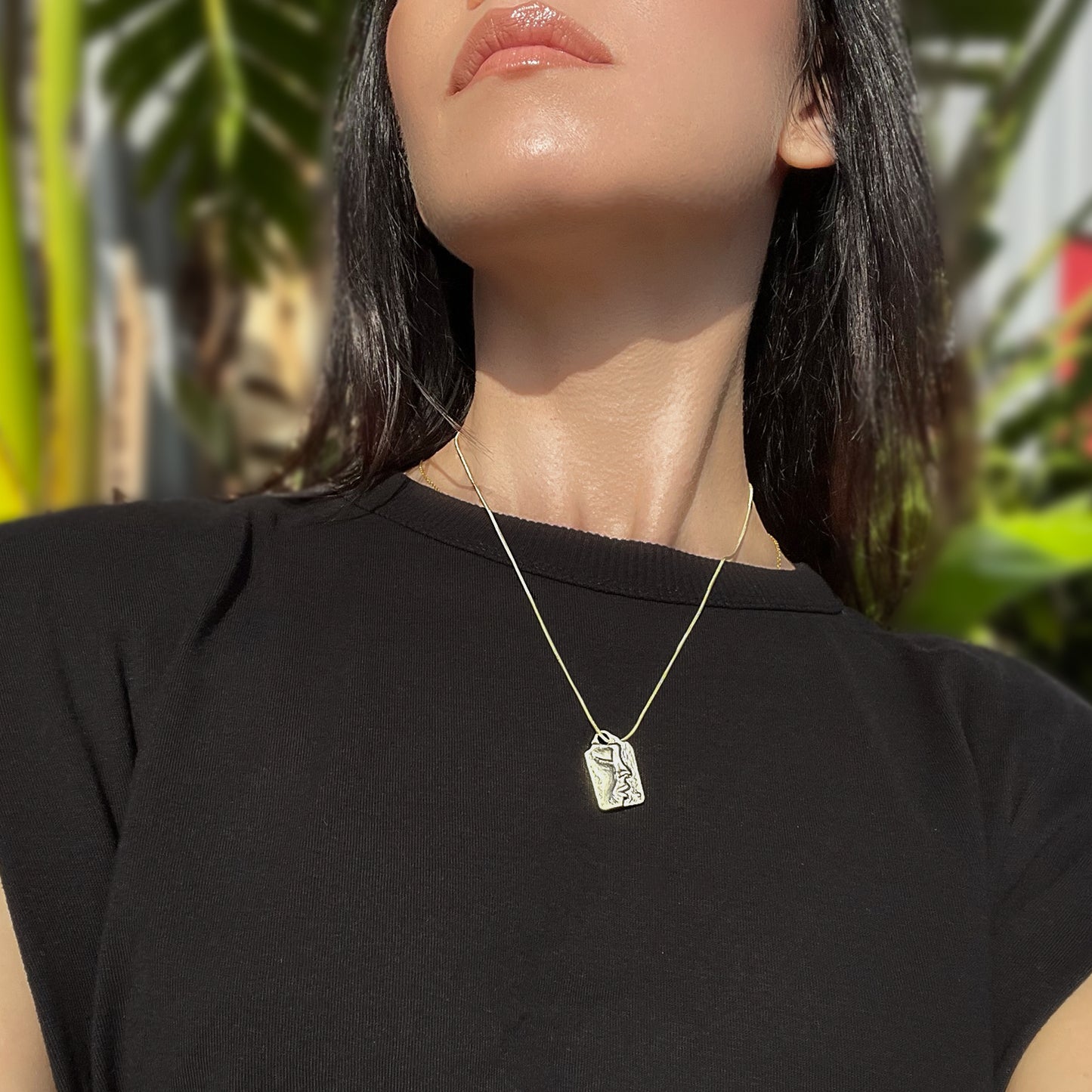 Square Medallion Necklace in Matte Gold with Abstract Face Tag Pendant