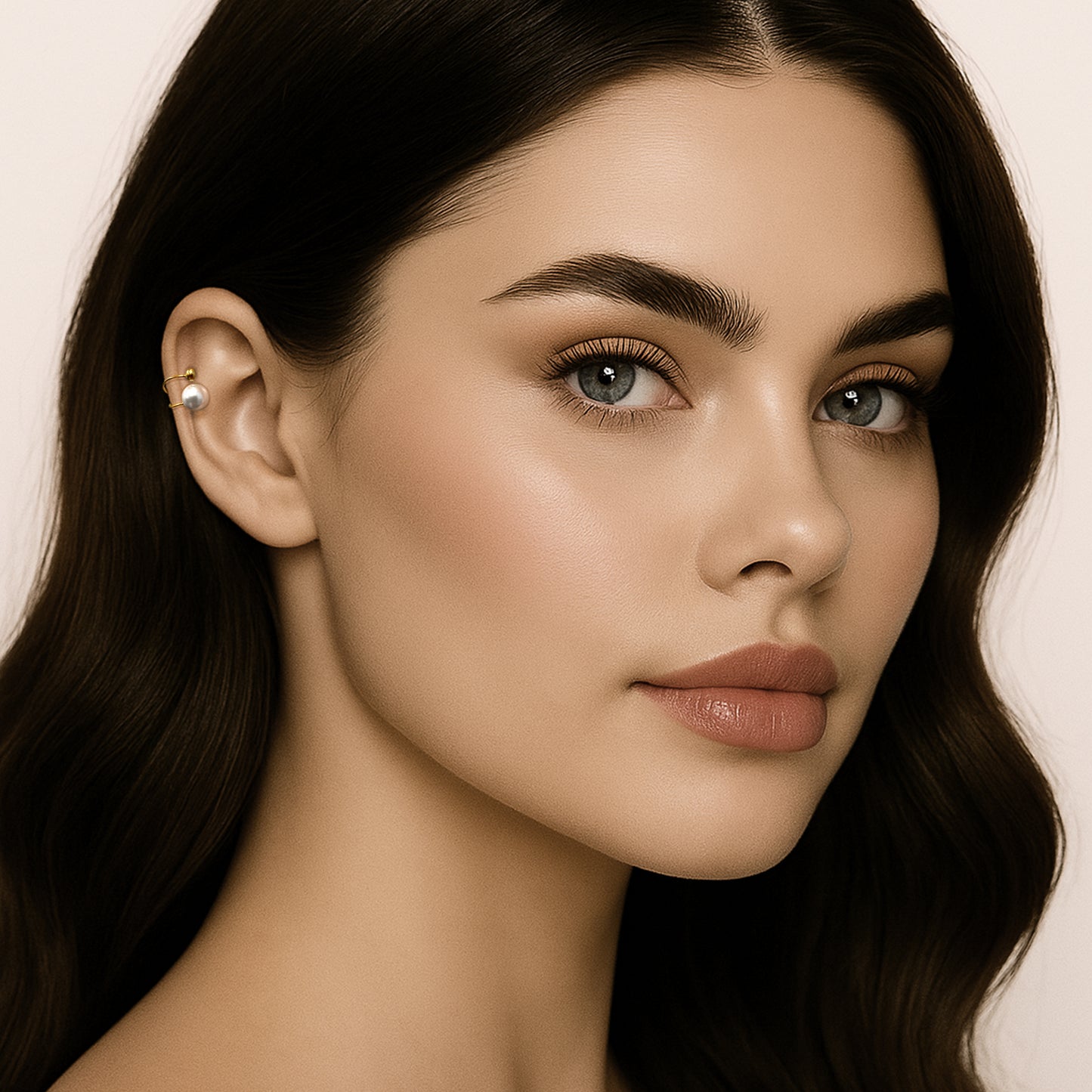 Model wearing a minimalist single wrap earring in sterling silver with 18k gold plating and a small imitation pearl accent, styled on the upper ear for a modern, elegant look.