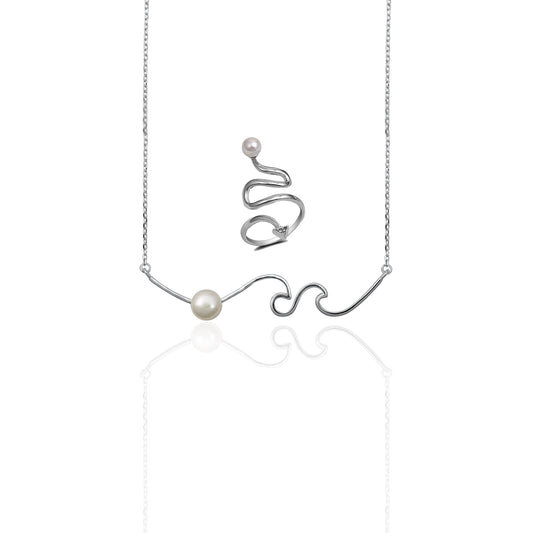 Dainty Wave Pearl Necklace & Wrap Ring Set