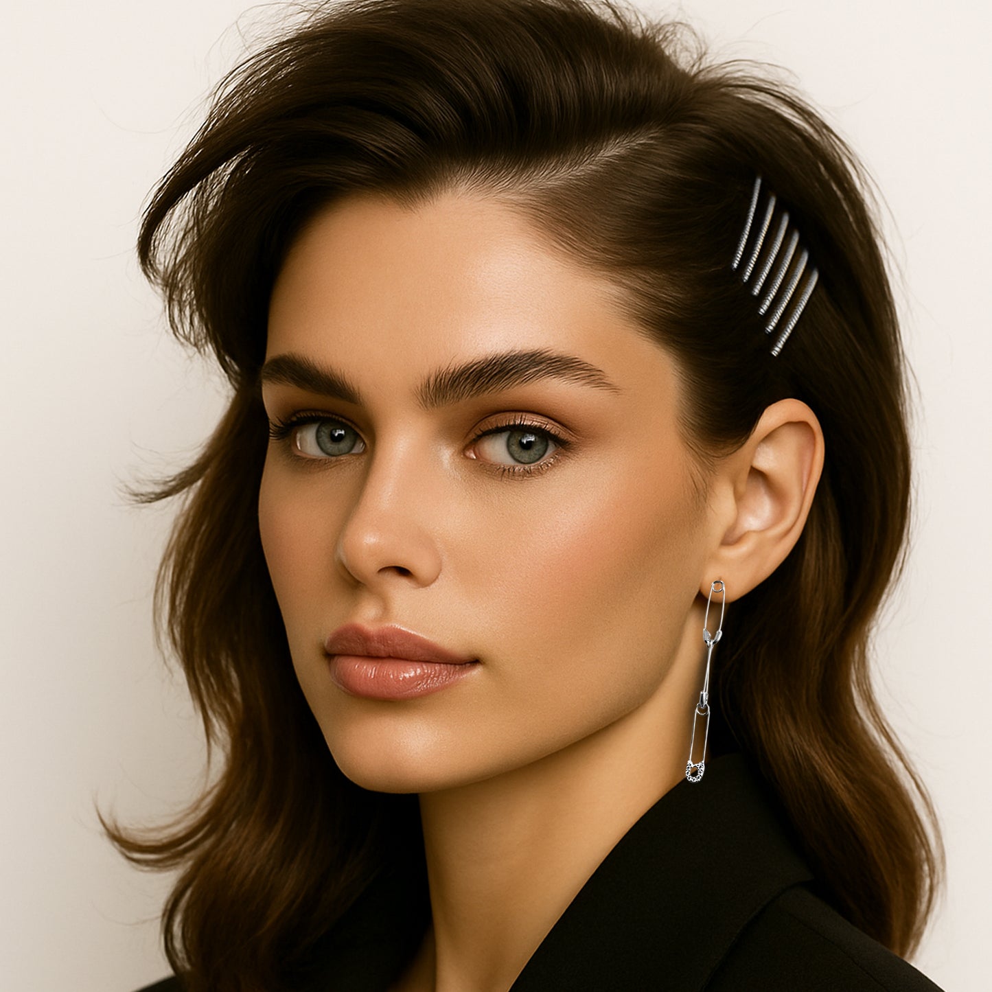 Elegant woman wearing stylish sterling silver pin drop earrings with sparkling CZ accents, styled with a chic black outfit and sleek hair pinned back.