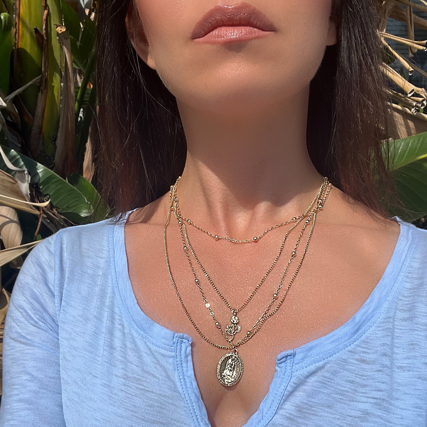 Multistrand Virgin Mary Pendant Necklace