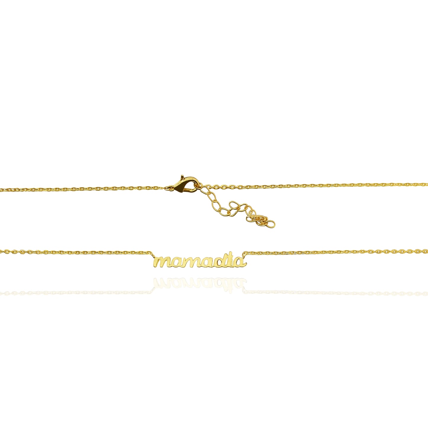 Flat lay of an 18K gold filled mamacita necklace with adjustable chain and lobster clasp, showcasing its detailed script charm and fine craftsmanship.