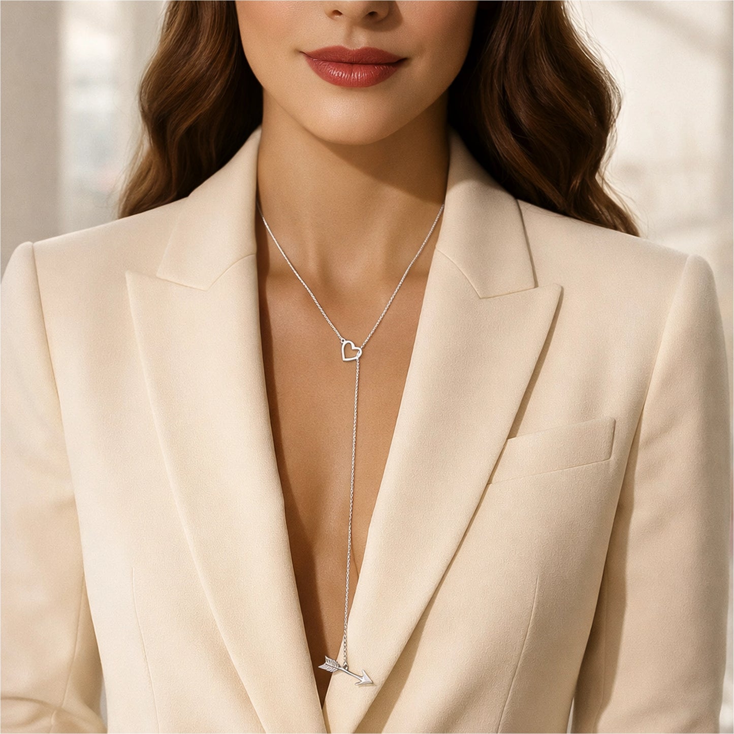 Woman wearing an ivory blazer and a delicate sterling silver lariat necklace featuring an open heart charm at the neckline and an arrow drop pendant.
