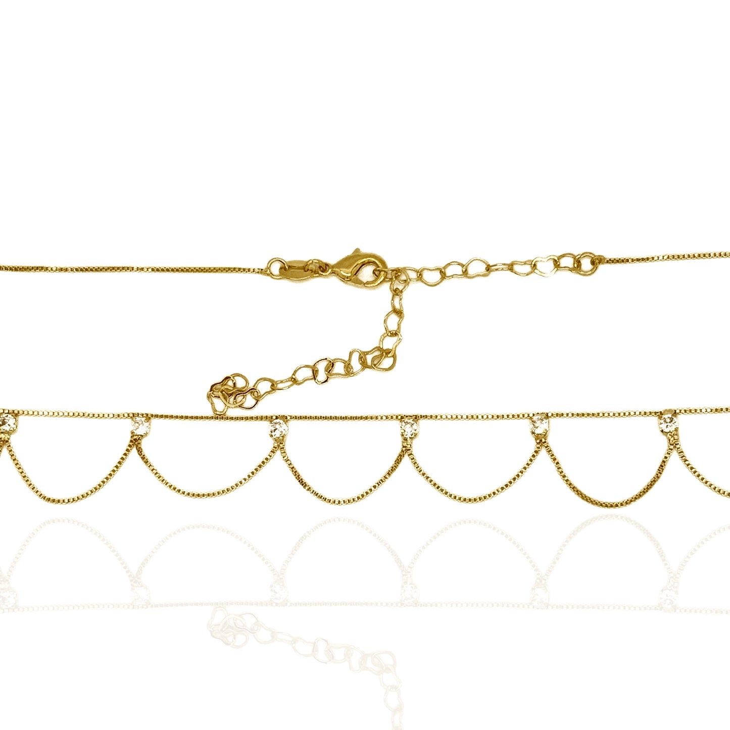 Delicate 18K gold filled belly chain with CZ-studded scalloped loops and adjustable extender, perfect for beachwear or festivals.