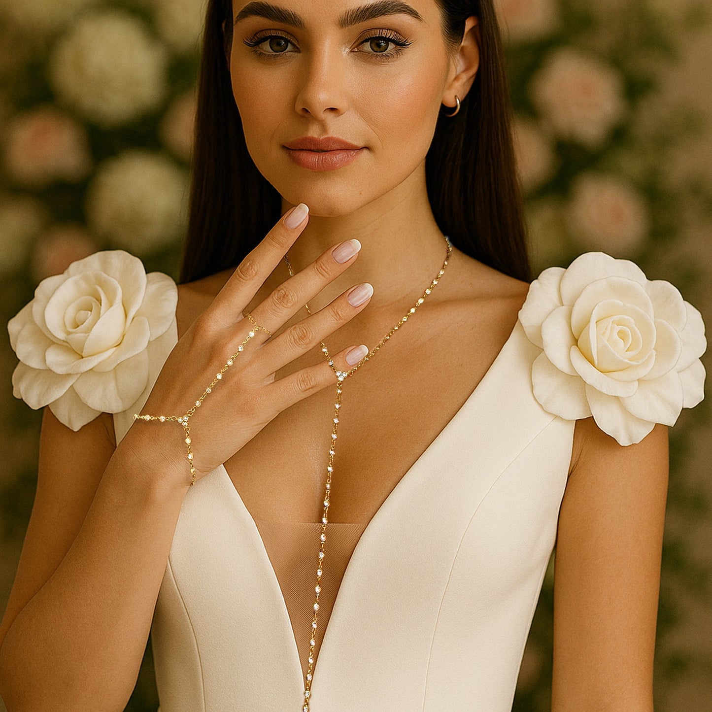 Elegant bride wearing a deep v-neck white gown with large floral shoulder details, showcasing a sparkling 18K gold filled CZ lariat necklace and matching hand chain bracelet. Her soft bridal makeup and neutral nails complete the sophisticated look, set against a romantic floral background.