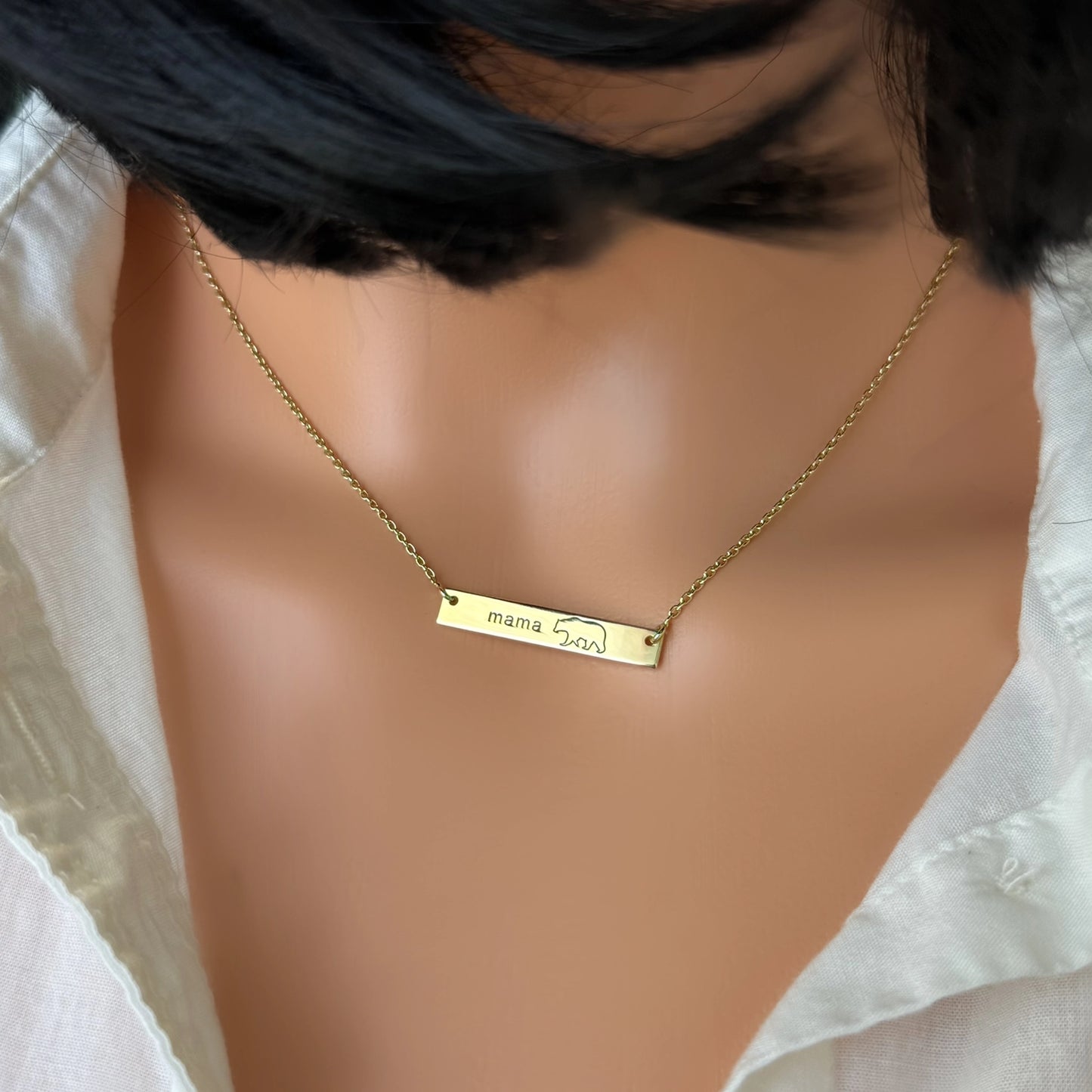 Mama Bear Engraved Horizontal Bar Necklace