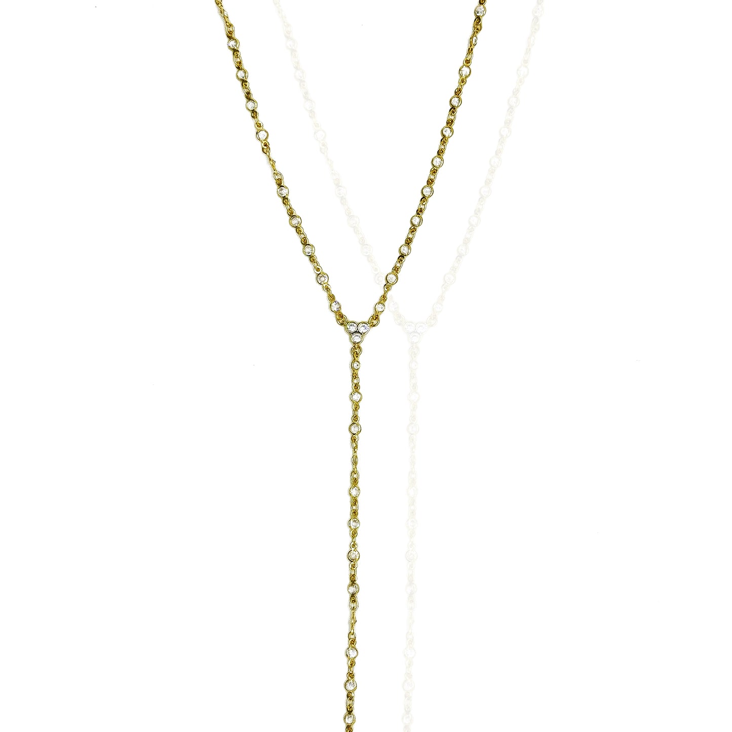 Gold-filled non-tarnish lariat necklace with a long drop adorned with round bezel-set cubic zirconia stones, arranged in a delicate Y-shape on a white background.