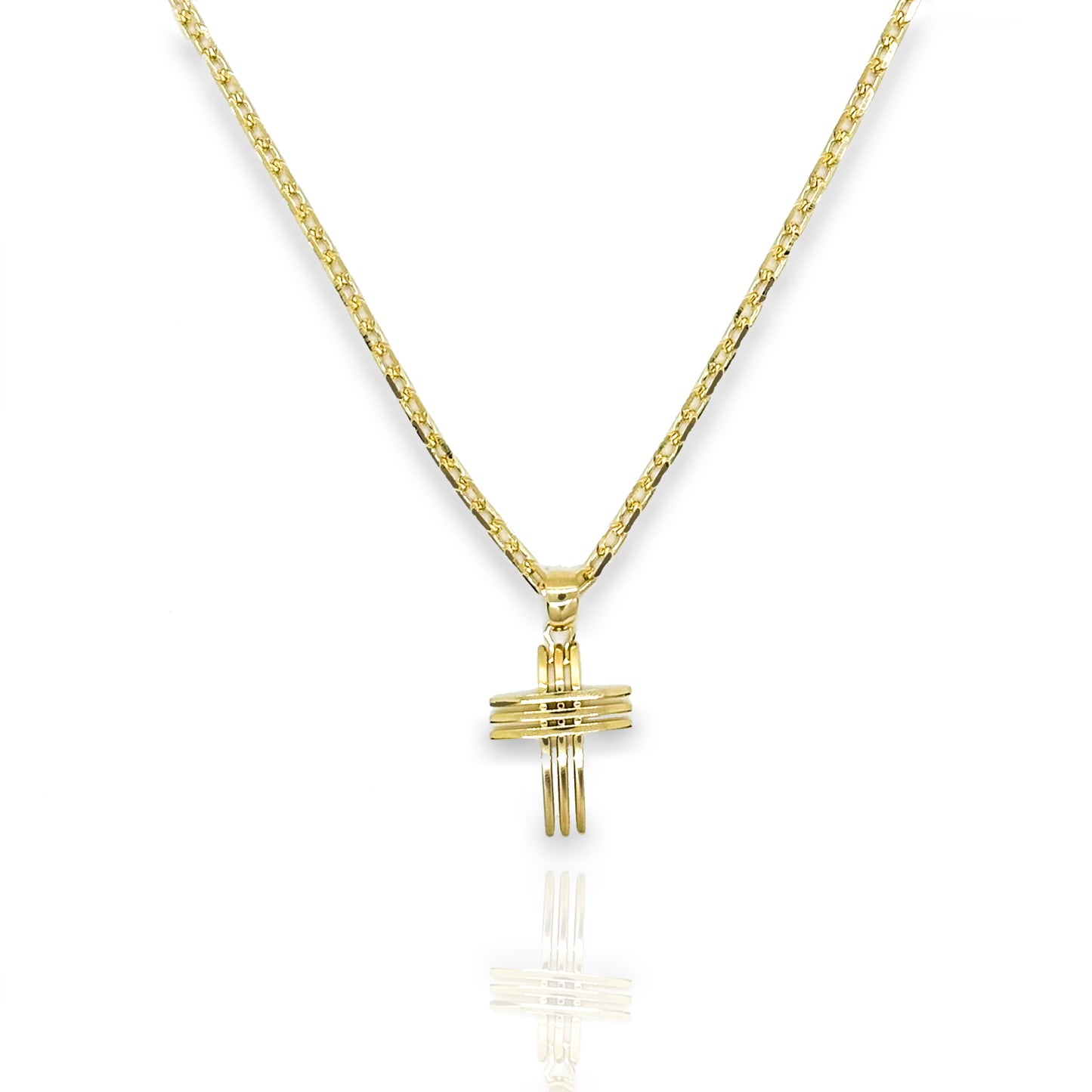 18k gold filled unisex necklace with a large geometric cross pendant and a bold chain, displayed against a white background with a soft reflection.