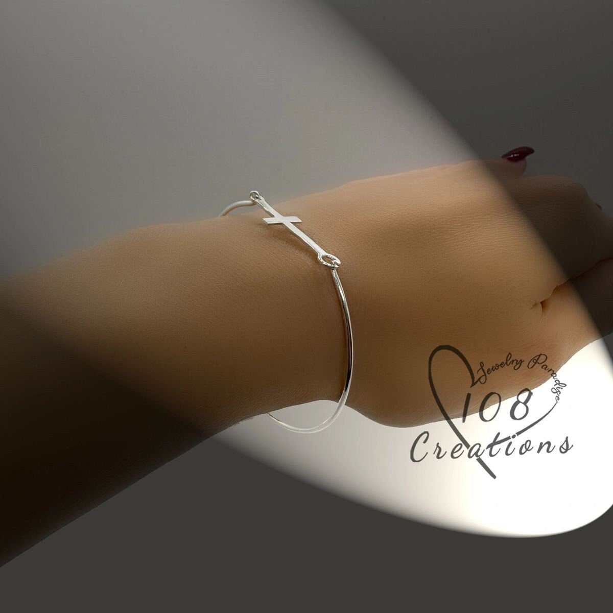 Sideways Cross Bangle Bracelet in Premium Sterling Silver