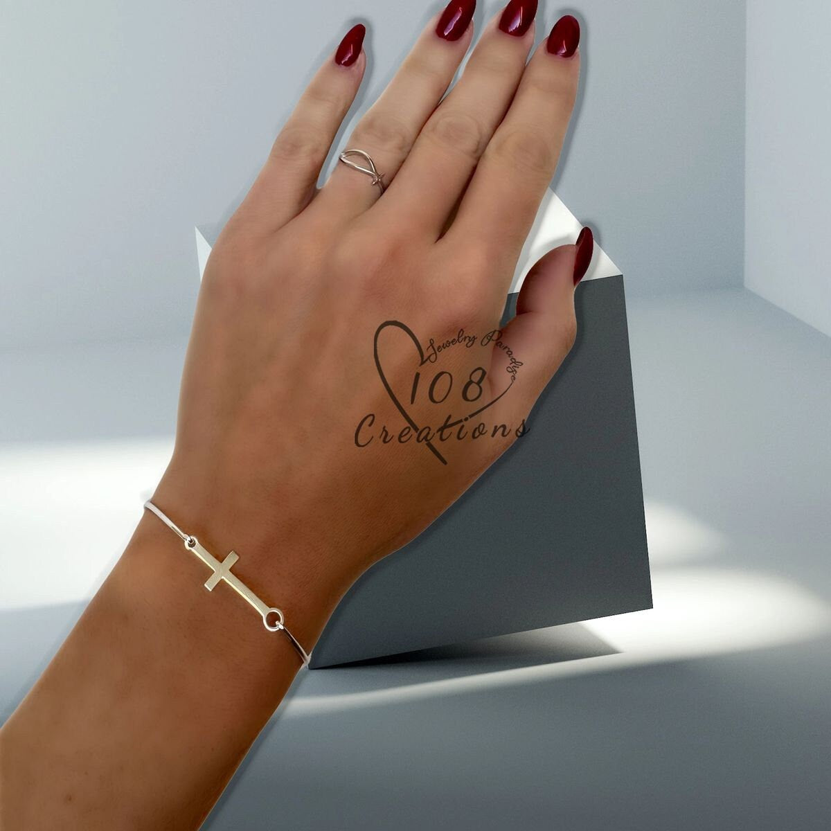 Sideways Cross Bangle Bracelet in Premium Sterling Silver