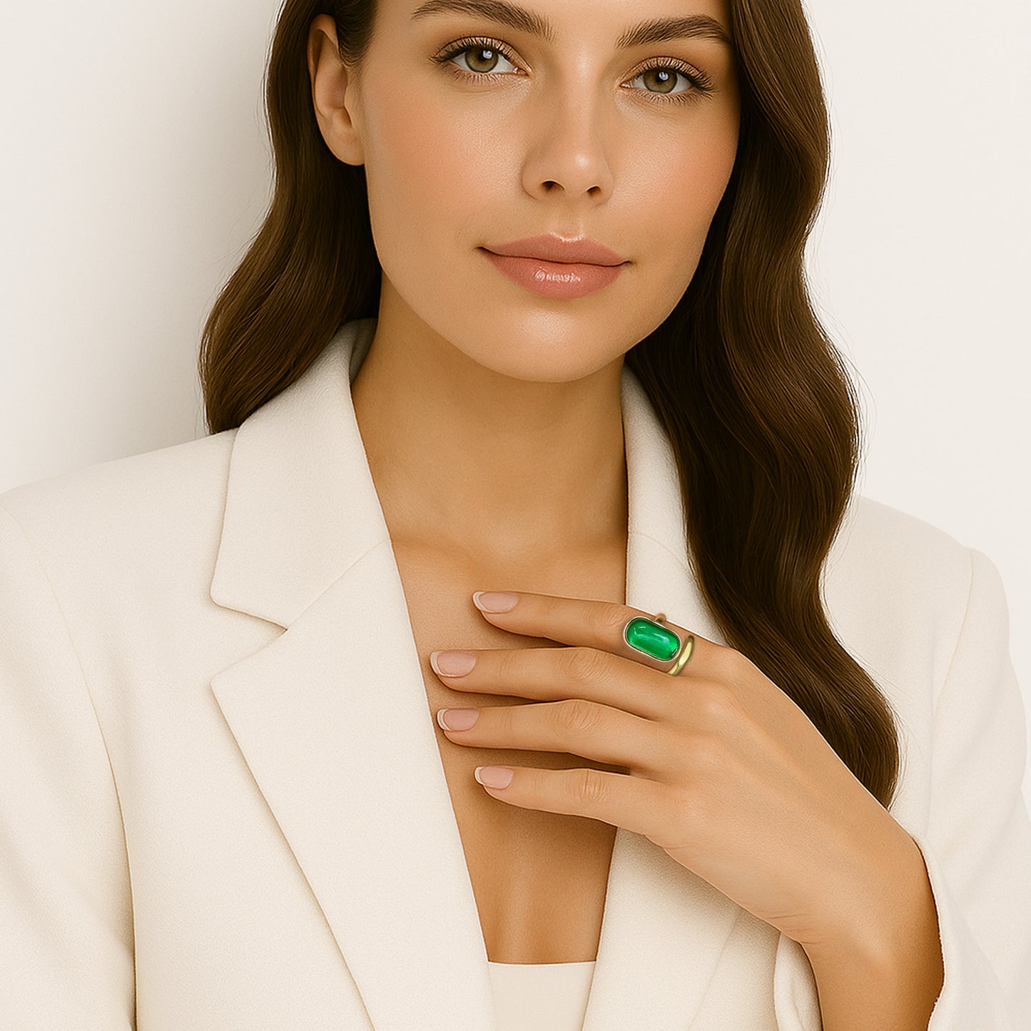 A poised woman in an ivory blazer with subtle makeup and styled brown hair. Her manicured hand gracefully rests on her chest, displaying a striking green stone set in a wide gold ring.
