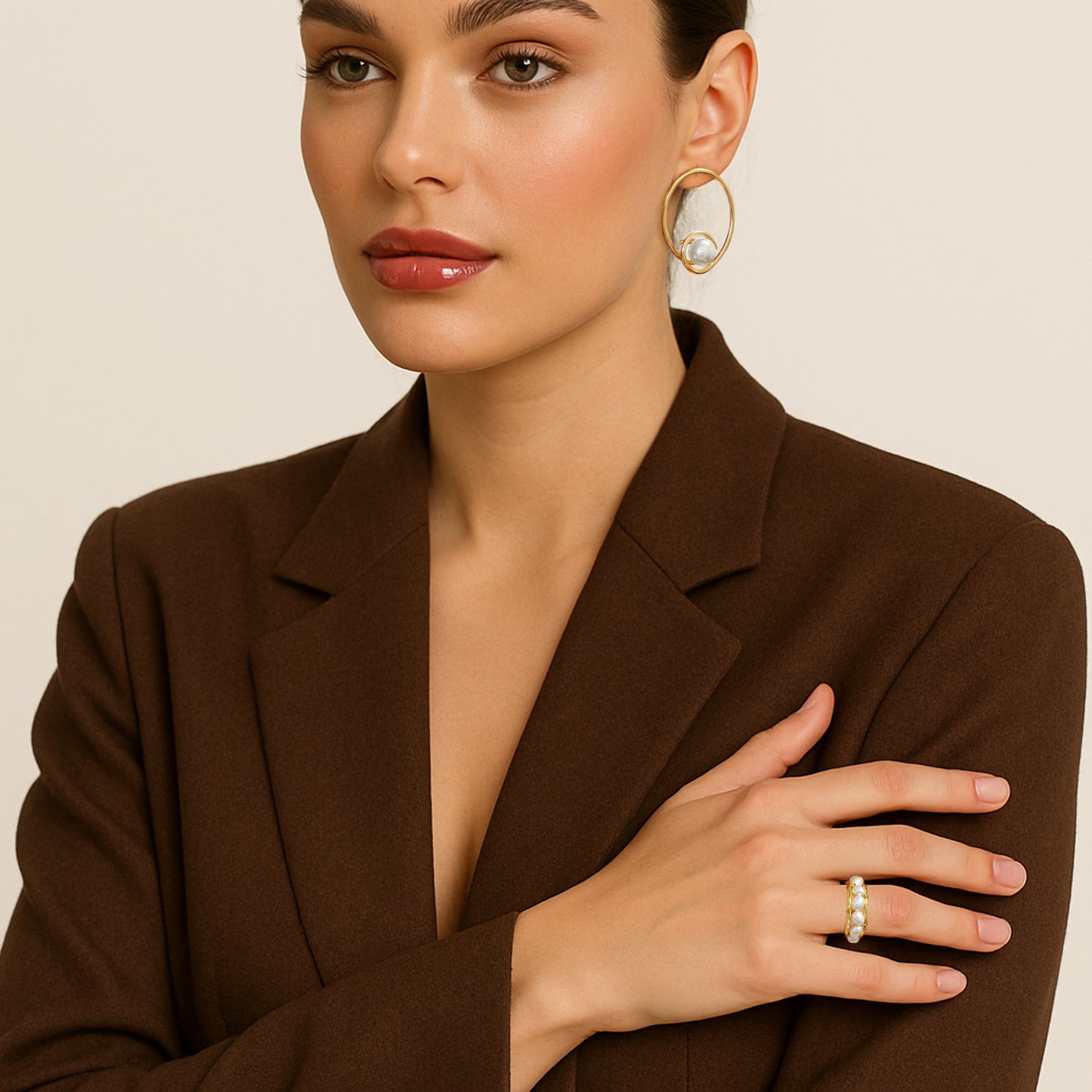 Gold Hoop Earrings with White Pearl