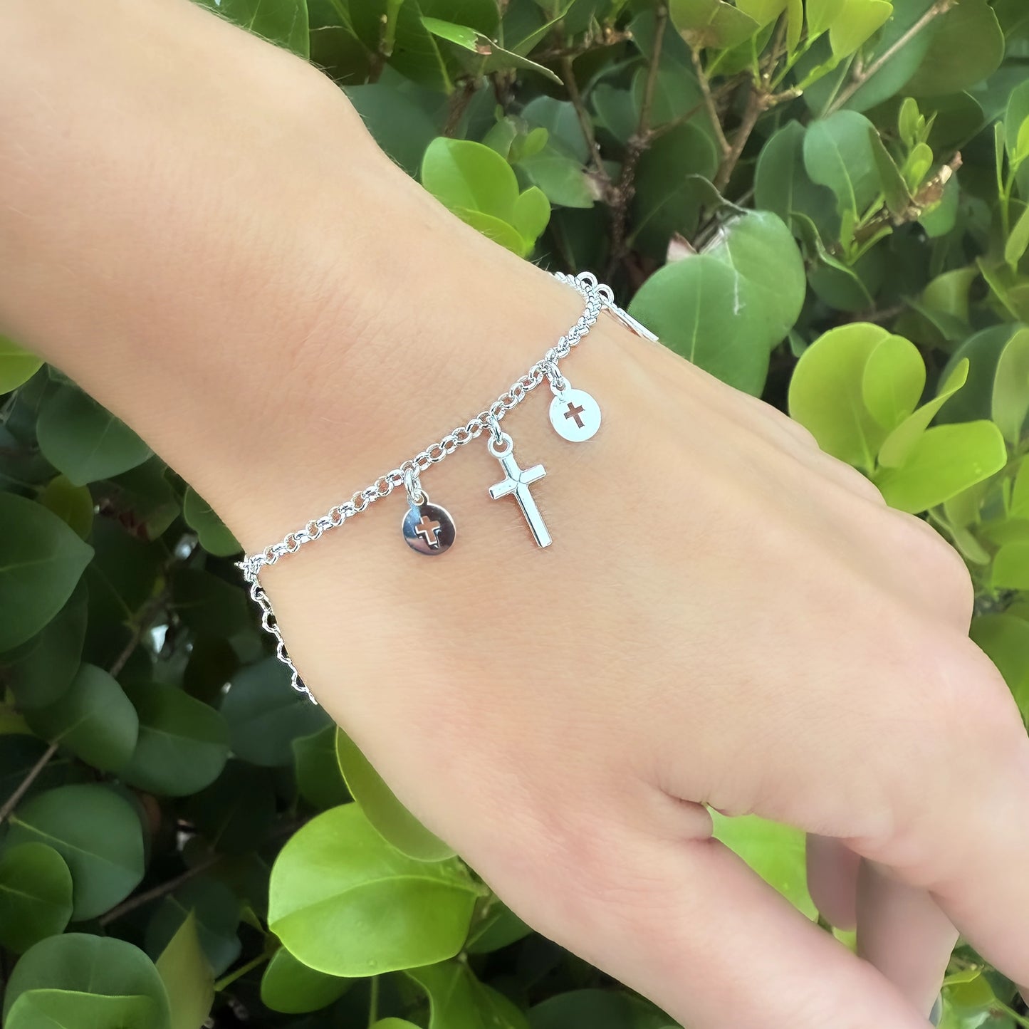 Sterling Silver Rosary Bracelet with Dangle Cross Charms