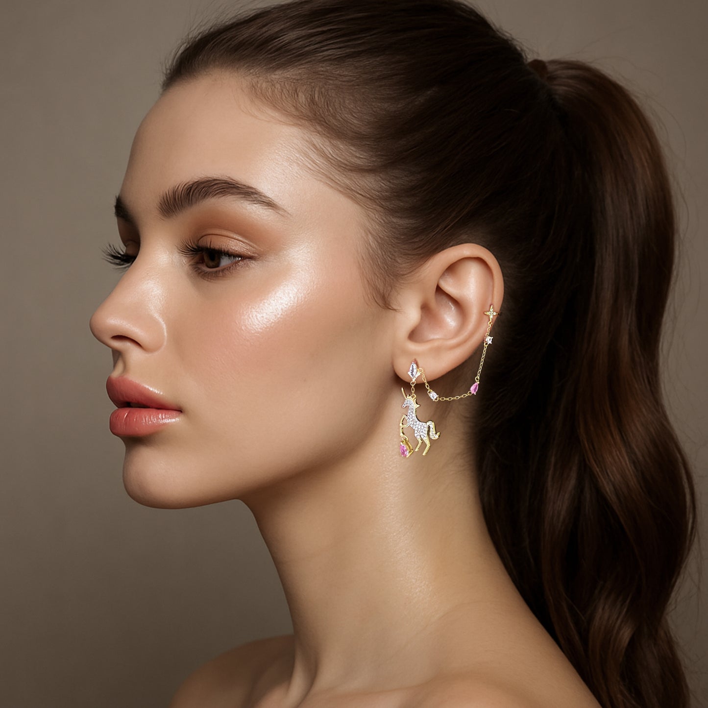 Unicorn Chain Threader Cuff Earring in Gold with CZs