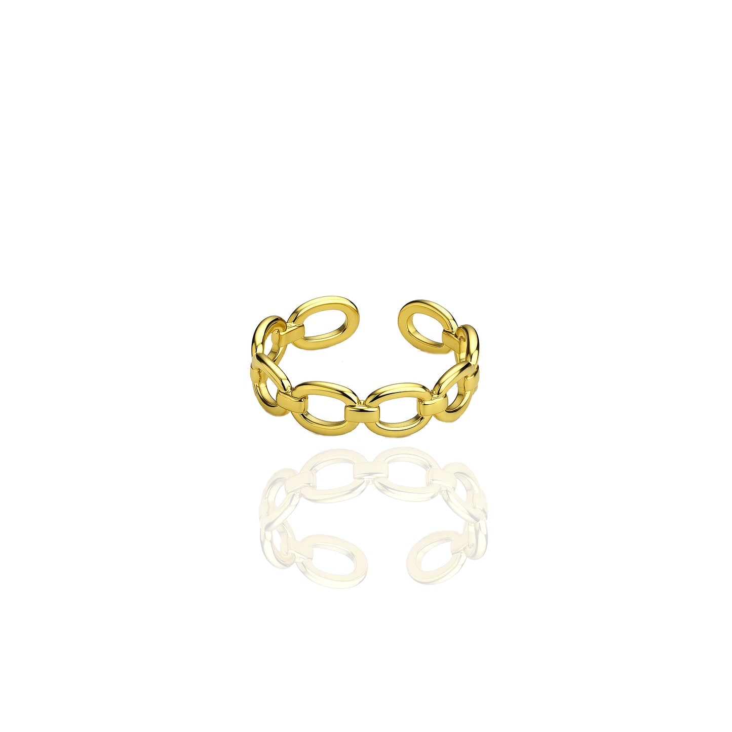 Studio image of an adjustable gold chain ring with wide open ends, shown on a clean white background with reflection.