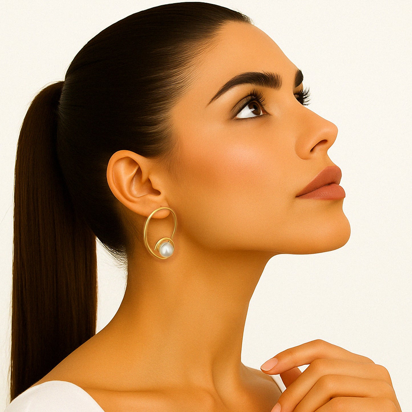 Gold Hoop Earrings with White Pearl