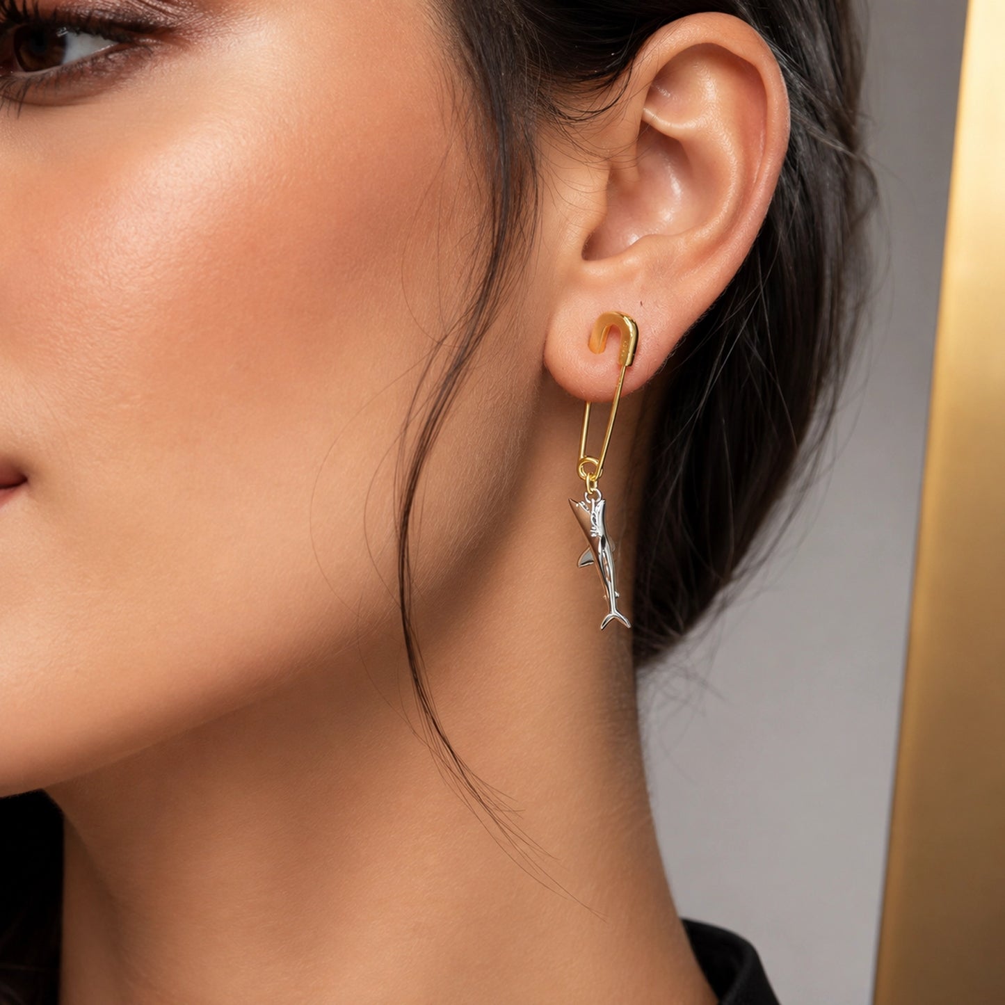 Safety Pin Dangle Shark Single Earring