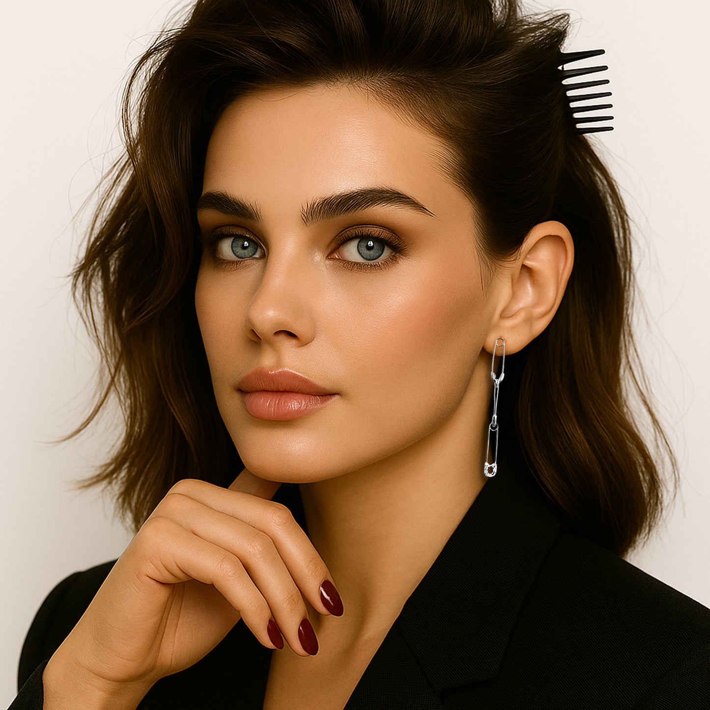 Elegant woman wearing stylish sterling silver pin drop earrings with sparkling CZ accents, styled with a chic black outfit and sleek hair pinned back.