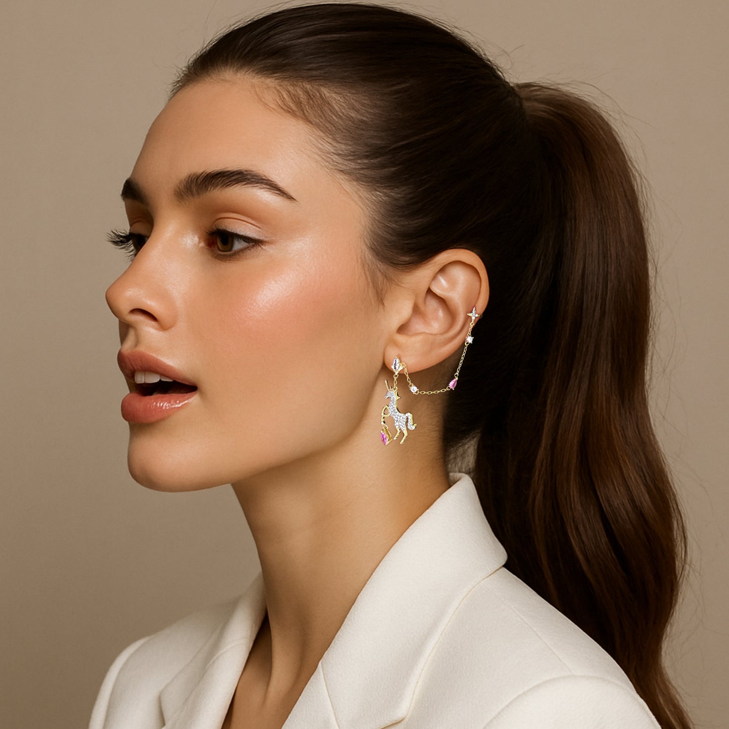 Unicorn Chain Threader Cuff Earring in Gold with CZs