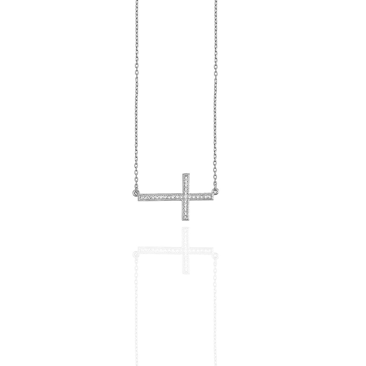 Sterling silver horizontal cross necklace featuring a sleek cable chain and a sparkling CZ-encrusted cross pendant, photographed on a white background.