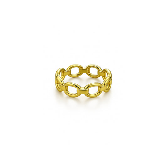 Minimalist product image of a closed-link gold chain ring centered on a white background.