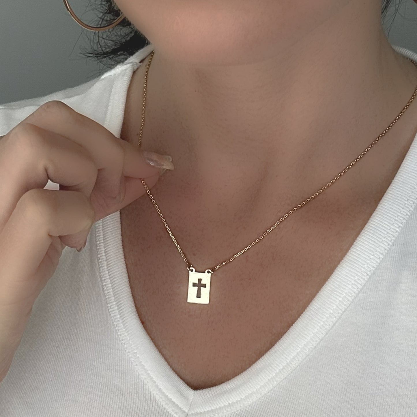 Rectangular Tag Necklace with Cut Out Cross in 18K Gold Filled