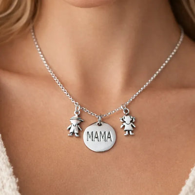 Sterling Silver MAMA Necklace with Boy and Girl Charms on Model, Personalized Mother Necklace, Mothers Day Gift for Mom, Family Charm Jewelry