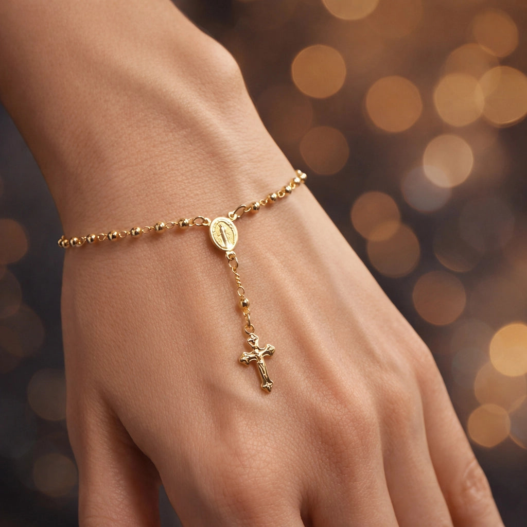 Elegant 18K Gold Filled Rosary Bracelet with Cross Drop Charm on Female Hand