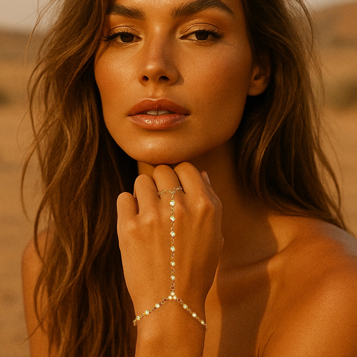 Gorgeous woman in a desert setting wearing a sparkling gold filled hand chain bracelet with clear cubic zirconia stones connecting to a ring.