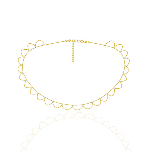 Chunky 18K gold filled boho belly chain with large scalloped loop design, laid flat with extender chain, on white background.