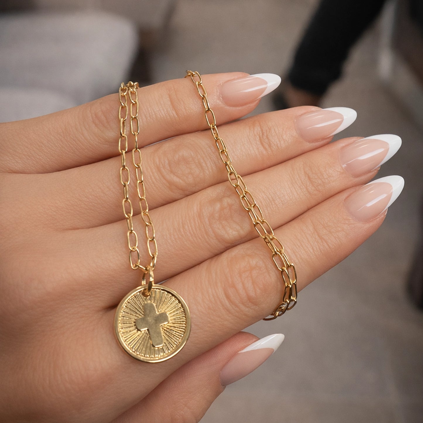 18K Gold Filled Cross Medallion Necklace with Sunburst Pendant