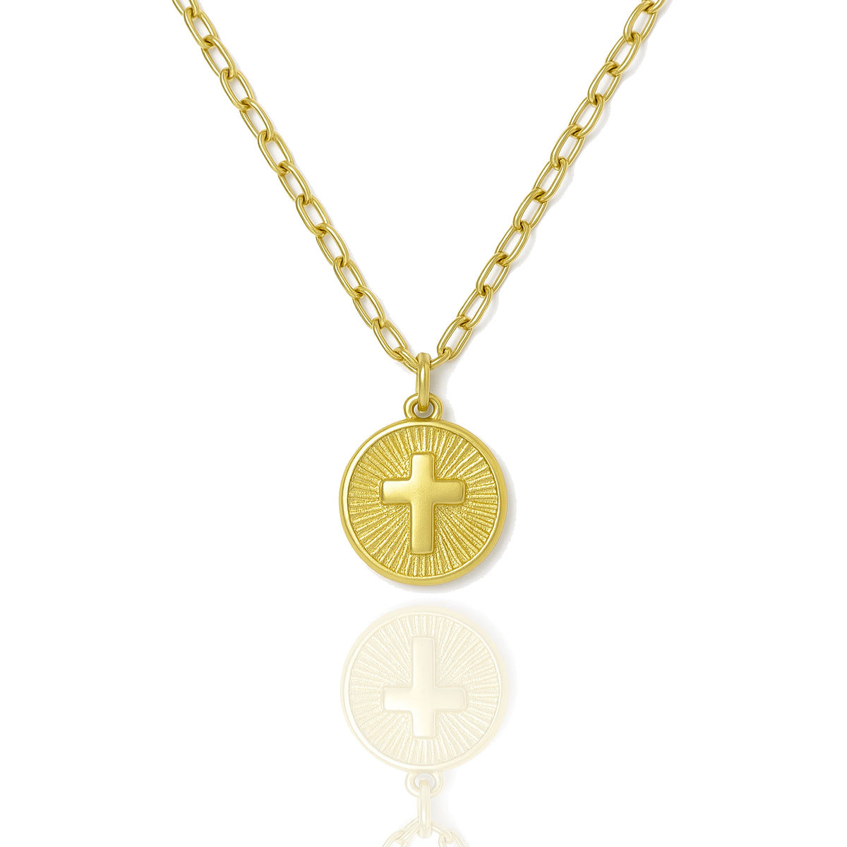 Close-up view of gold cross medallion necklace featuring a radiant sunburst pattern, hanging from a shiny 18k gold filled chain against a white background.