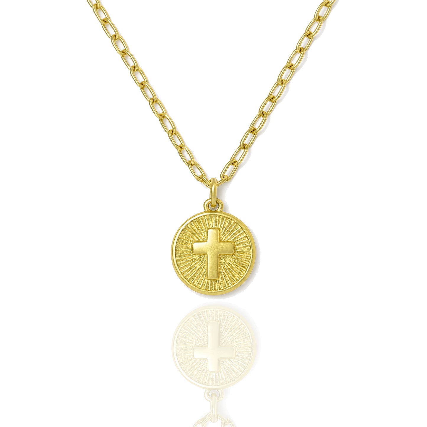 Close-up view of gold cross medallion necklace featuring a radiant sunburst pattern, hanging from a shiny 18k gold filled chain against a white background.